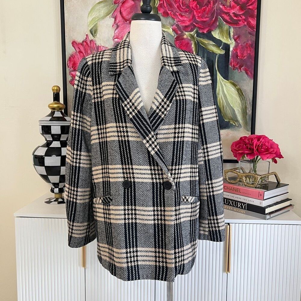 Blu Pepper Women's Plaid Herringbone Double-breasted Blazer Black White Large